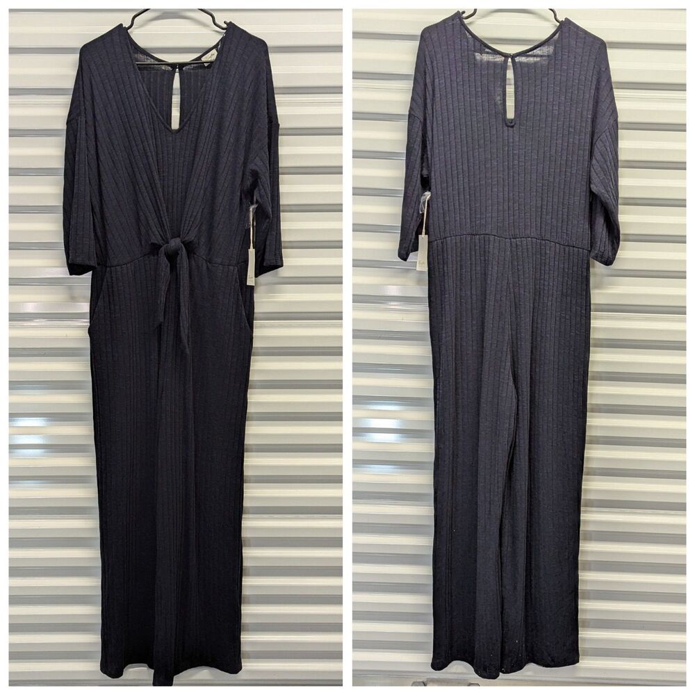 Navy Blue Ribbed Wide Leg Jumpsuit NWT 1X Winslow Half Sleeve with Pockets Boho